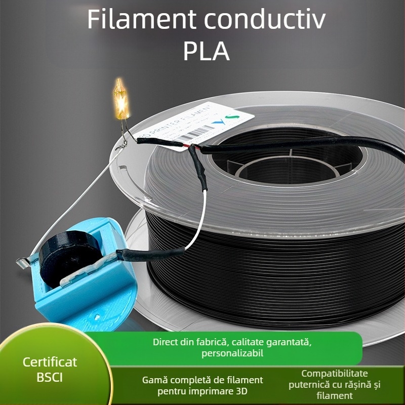 Filament PLA conductiv pentru imprimantă 3D – lungime 340 m, secțiune circulară, material conductiv pentru anti-statice și ecranare electronică