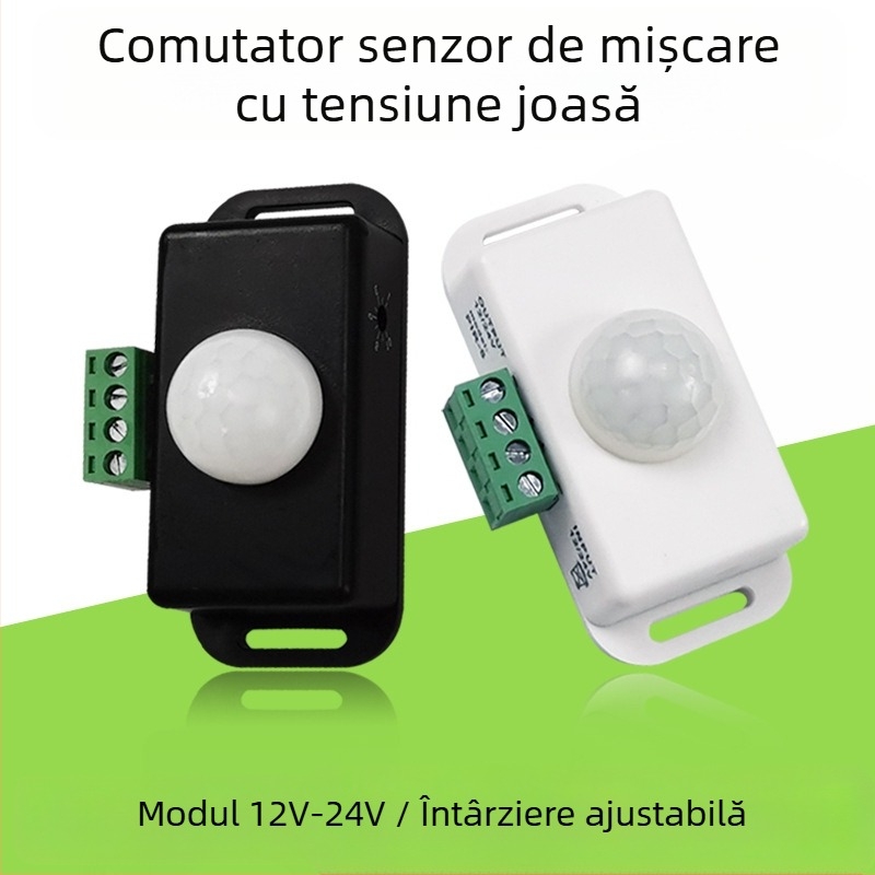 Senzor PIR infraroșu pentru interior, 12–24V DC, întârziere 30 s, detectare a luminii zilei, montaj pe tavan/pe perete, pentru coridoare
