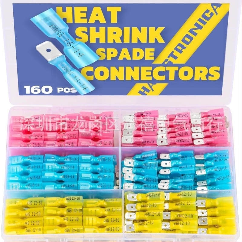 160/260 bucăți terminale de tip lopată, plug-in masculine și feminine, termocontractibile, impermeabile, ambalate într-o cutie, Crown Jubilee, model Heat shrink terminal