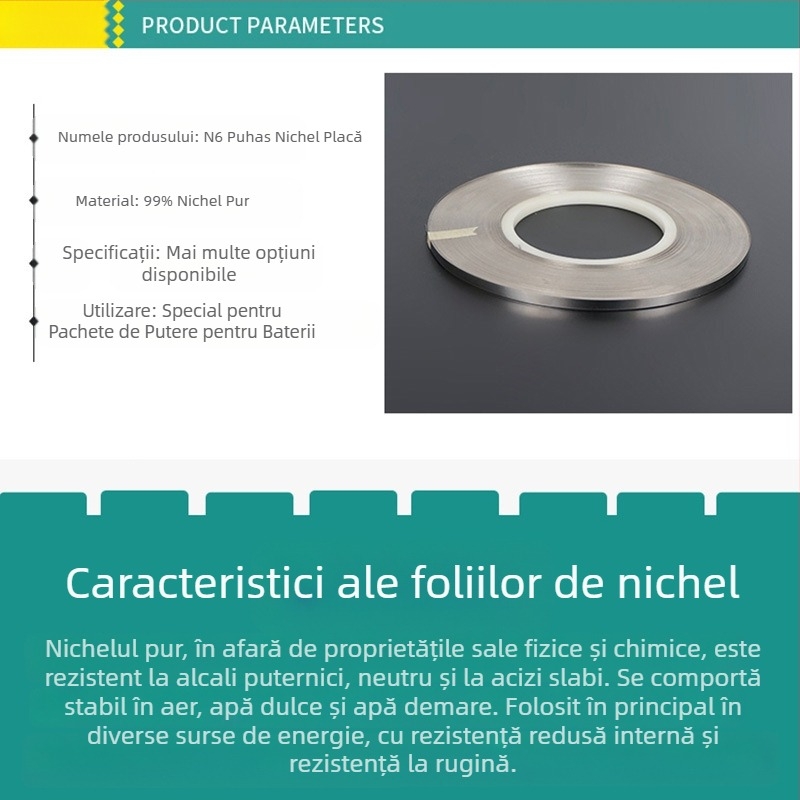 Bandă de nichel pur 99,6% pentru celule 18650 și pachete de baterii pentru vehicule electrice — sudare cu puncte, N6