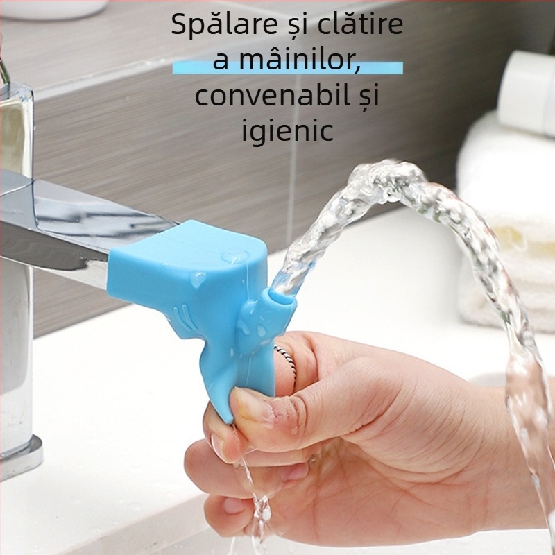 Extensie de robinet pentru copii cu duză din silicon anti-stropire, montaj plug-in, control cu o singură manetă, material silicon, temperatură maximă 100°C