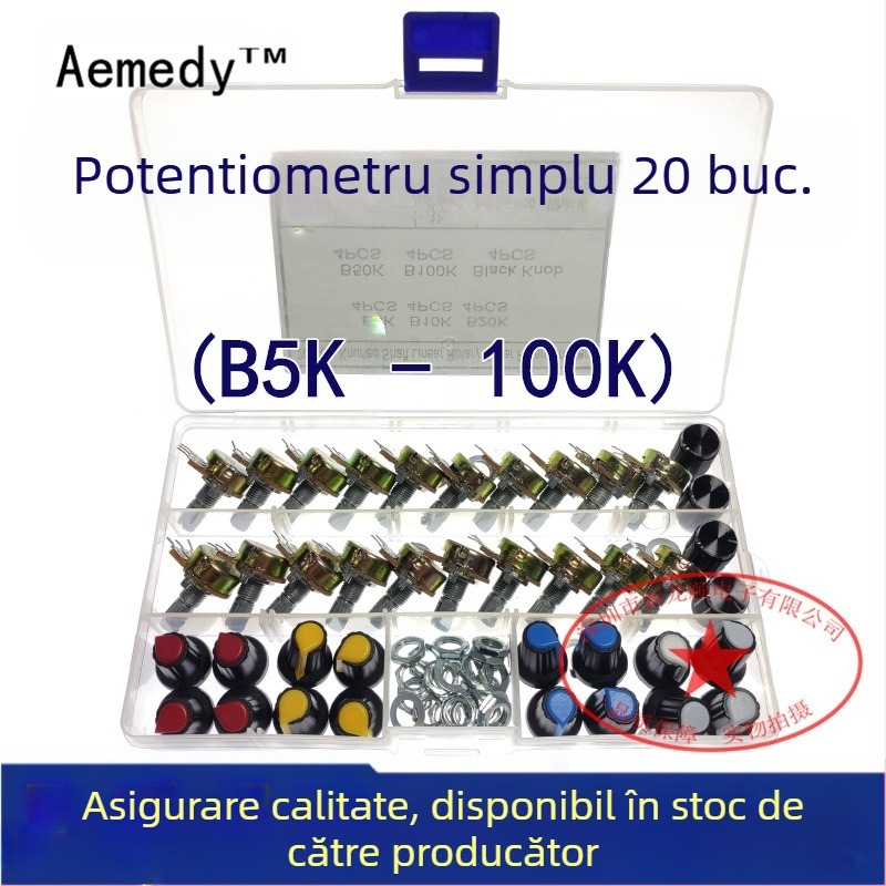 Aemedy potențiometru monogran cu rezistențe selectabile 5K/10K/20K/50K/100K și set de 20 capace de buton