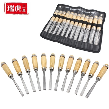 Set de 12 unelte pentru sculptură în lemn, cu mânere din lemn și capete variate, pentru tâmplărie (Capete: variate; Mâner: lemn; Scop: tâmplărie; Seria: dalte sculptate)