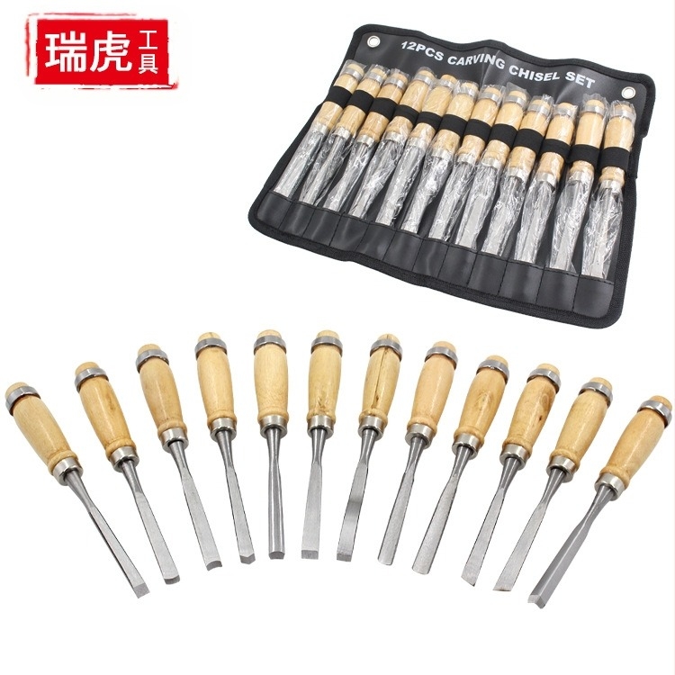 Set de 12 unelte pentru sculptură în lemn, cu mânere din lemn și capete variate, pentru tâmplărie (Capete: variate; Mâner: lemn; Scop: tâmplărie; Seria: dalte sculptate)