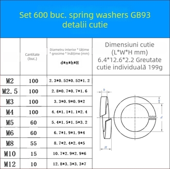 Set șaibe elastice din oțel inoxidabil 304, în cutie – anti-slăbire, șuruburi incluse, 480/600 buc., GB93 Gradul A