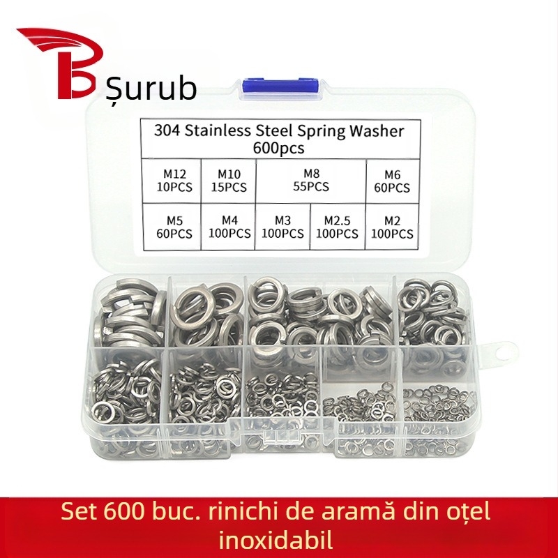 Set șaibe elastice din oțel inoxidabil 304, în cutie – anti-slăbire, șuruburi incluse, 480/600 buc., GB93 Gradul A