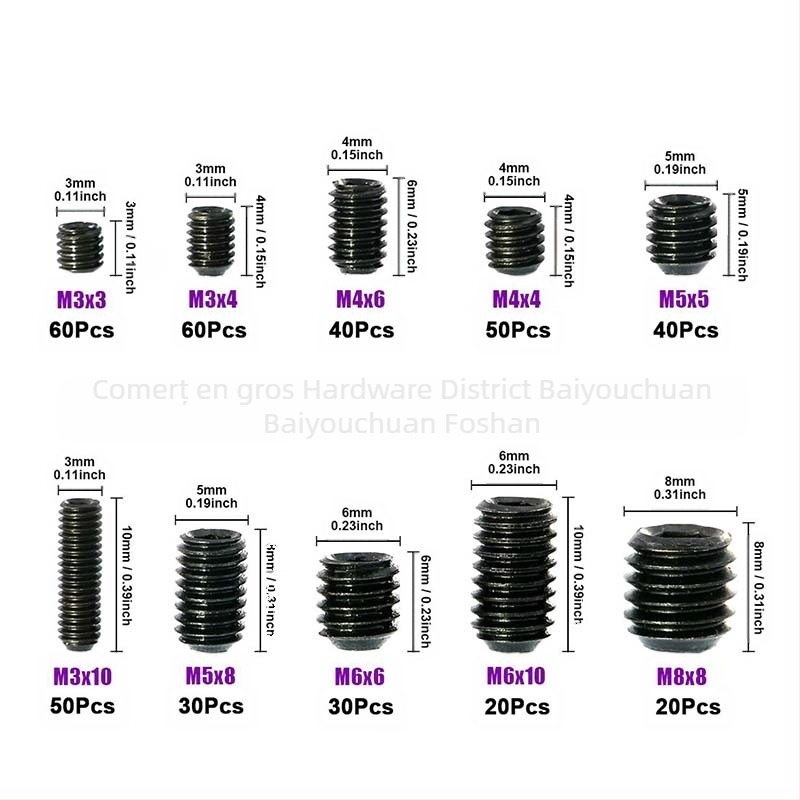 Set șuruburi fără cap în cutie, 400 buc., oțel carbon, Grad A, MS 16207C-1991, Performanță 3,6