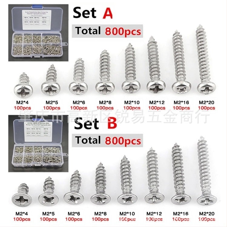800 bucăți în cutie: șuruburi autofiletante cu cap pan, din oțel inoxidabil 304, finisaj nichelat, clasă 4.8