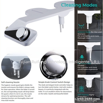 Bidet pentru femei cu duze duble și duză auto-curățătoare, non-electric; reglare presiune apă, ABS, CUPC certificat, model 507013