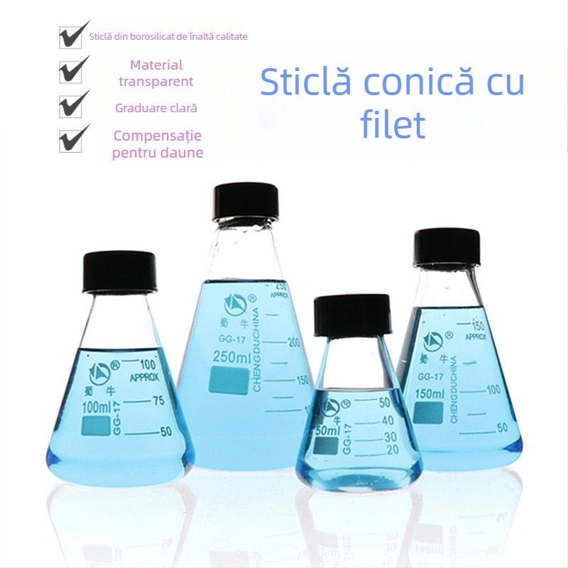 Flacon conic triunghiular din sticlă, cu gură filetată și capac, Elite Experiment