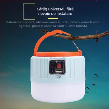Lampă LED pentru camping cu încărcare solară și telecomandă, reîncărcabilă, lampă pentru cort, 3.7V 10W