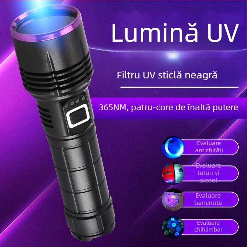 Lanteră UV 365nm, încărcare Type-C, detecție fluorescență bancnote, 30W, corp din aliaj de aluminiu