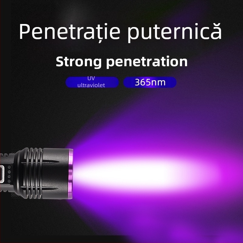 Lanteră UV 365nm, încărcare Type-C, detecție fluorescență bancnote, 30W, corp din aliaj de aluminiu