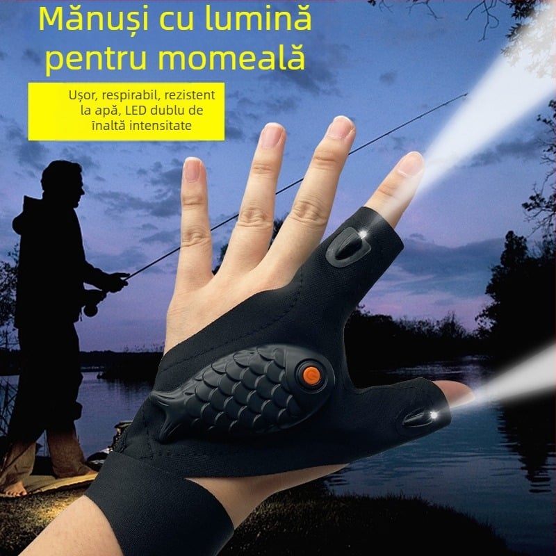 Mănuși de pescuit cu LED, lumină pe deget, design cu jumătate de deget, material elastomeric, încărcare în exterior pentru pescuit noaptea