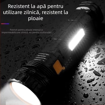 Lanternă solară de mână cu lumină laterală – LED de 15W, baterie Li‑ion 1000mAh, fascicul de 90°, rază 100–300 m, timp de încărcare 3 ore.