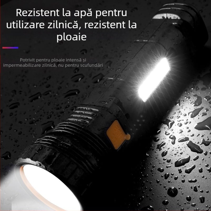Lanternă solară de mână cu lumină laterală – LED de 15W, baterie Li‑ion 1000mAh, fascicul de 90°, rază 100–300 m, timp de încărcare 3 ore.