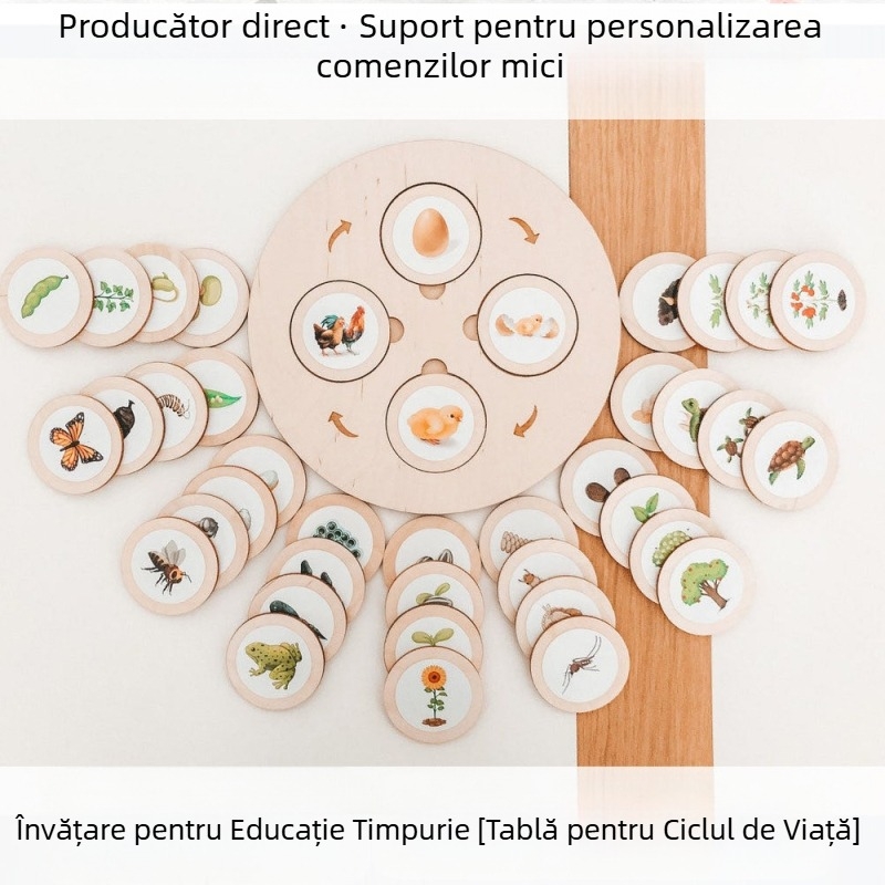 Montessori Life Cycle Tray Game – Jucărie educativă din lemn pentru învățare timpurie, multifuncțională (Material: Lemn; Vârsta: 3–6 ani; Procesare: Imagini personalizate)