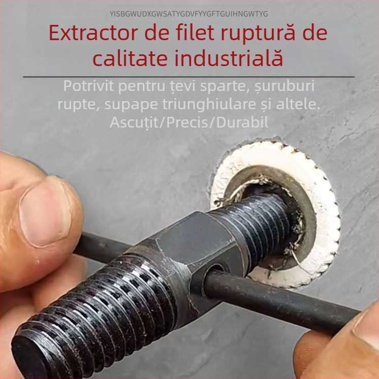 Extractor universal pentru fileturi rupte la robinetele casnice, compatibil cu fitinguri de 1/2" și 3/4" și valve unghiulare