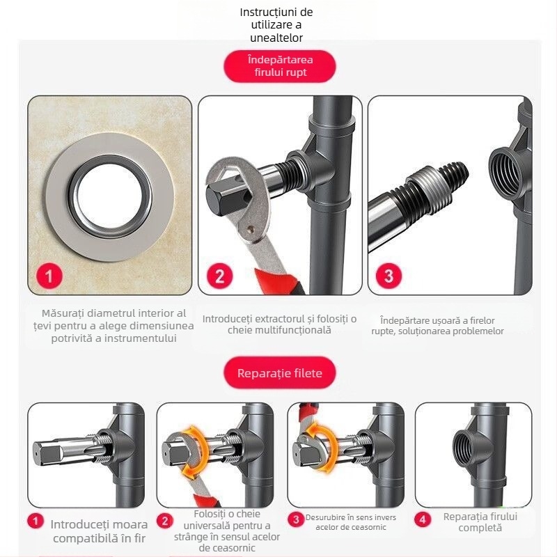 Extractor universal pentru fileturi rupte la robinetele casnice, compatibil cu fitinguri de 1/2" și 3/4" și valve unghiulare