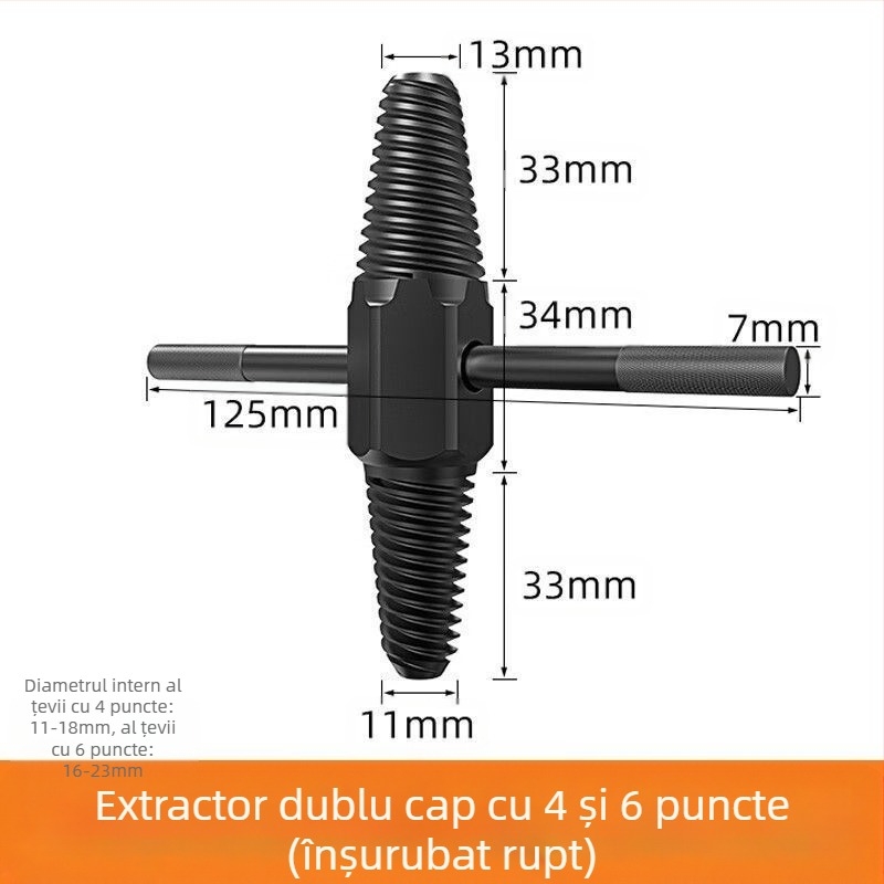 Extractor universal pentru fileturi rupte la robinetele casnice, compatibil cu fitinguri de 1/2" și 3/4" și valve unghiulare
