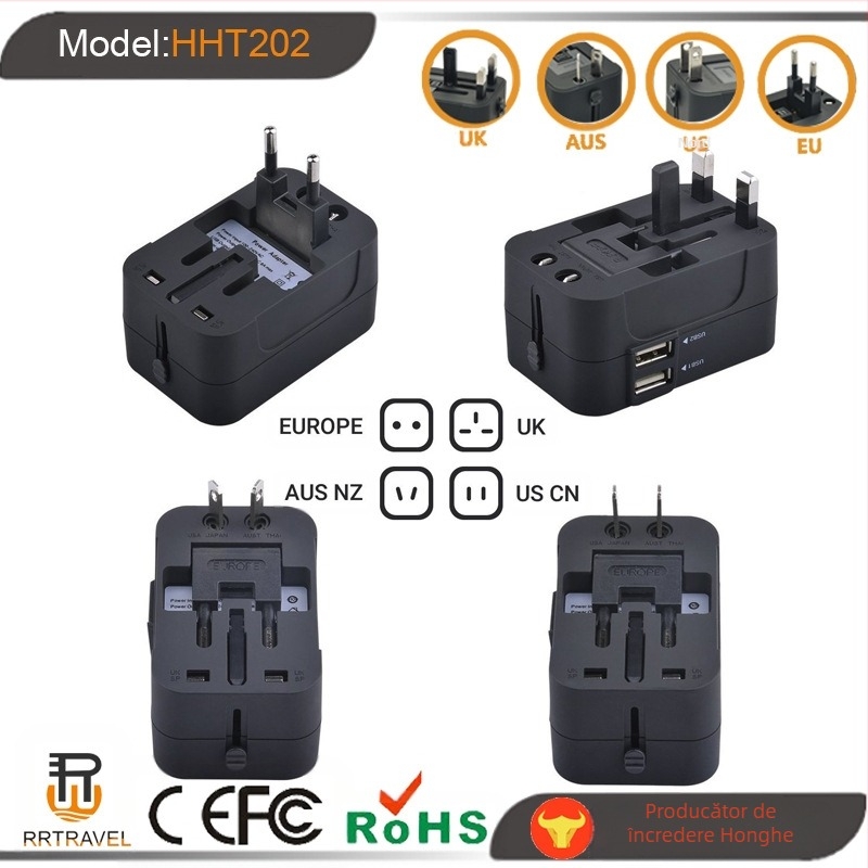 Adaptor universal de călătorie USB cu convertor de alimentare — RRTRAVEL, convertor global multi-funcțional, CE, FCC, ROHS, BS8546, UKCA