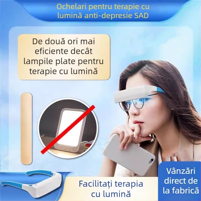 Ochelari de terapie cu lumină, de purtat pe cap; lumină albastră/albă, cu intensitate redusă; baterie încorporată 300–500 mAh; autonomie 1–3 h; greutate 65 g; dimensiuni 185×165×42 mm; funcție temporizator
