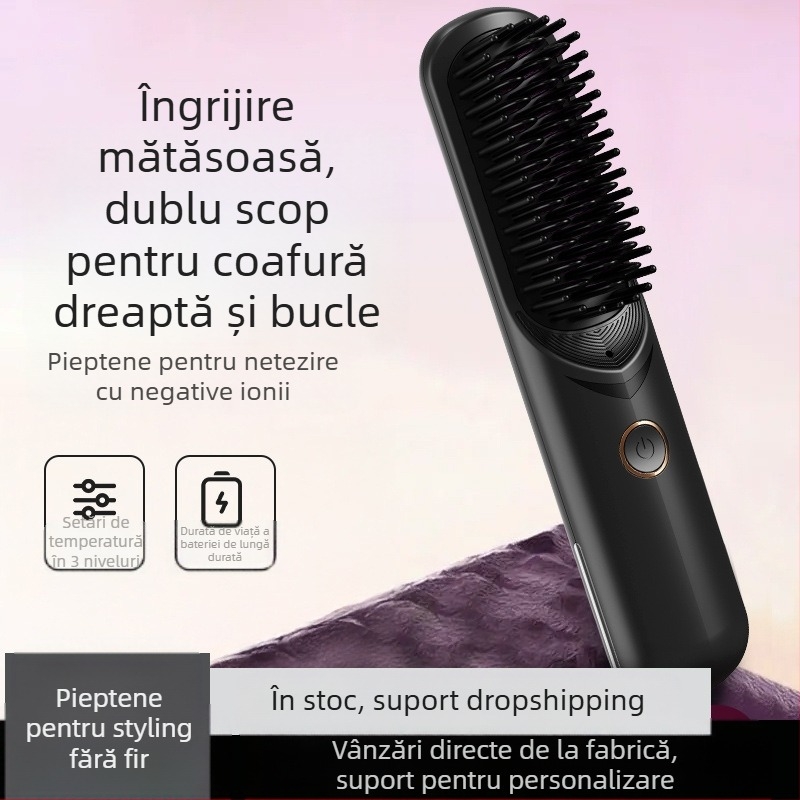 Pieptene fără fir pentru îndreptare și ondulare a părului, cu ioni negativi, USB încărcare, acoperire ceramică, 3 trepte de temperatură, 35W