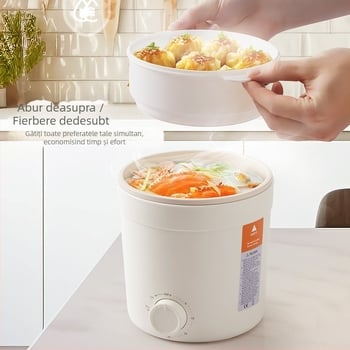 Beimu DG10 Oală electrică cu strat antiaderent, 2 L pentru 2–3 persoane, control prin buton, abur rapid, prăjire și clătire, potrivită pentru cămin, acasă, birou sau călătorii.