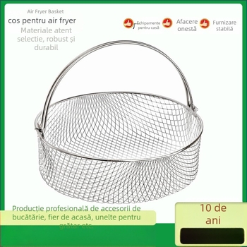 Coș pentru air fryer, din oțel inoxidabil 430, rotund, plasă din sârmă, mâner cu două urechi, suport pentru abur și deshidratare