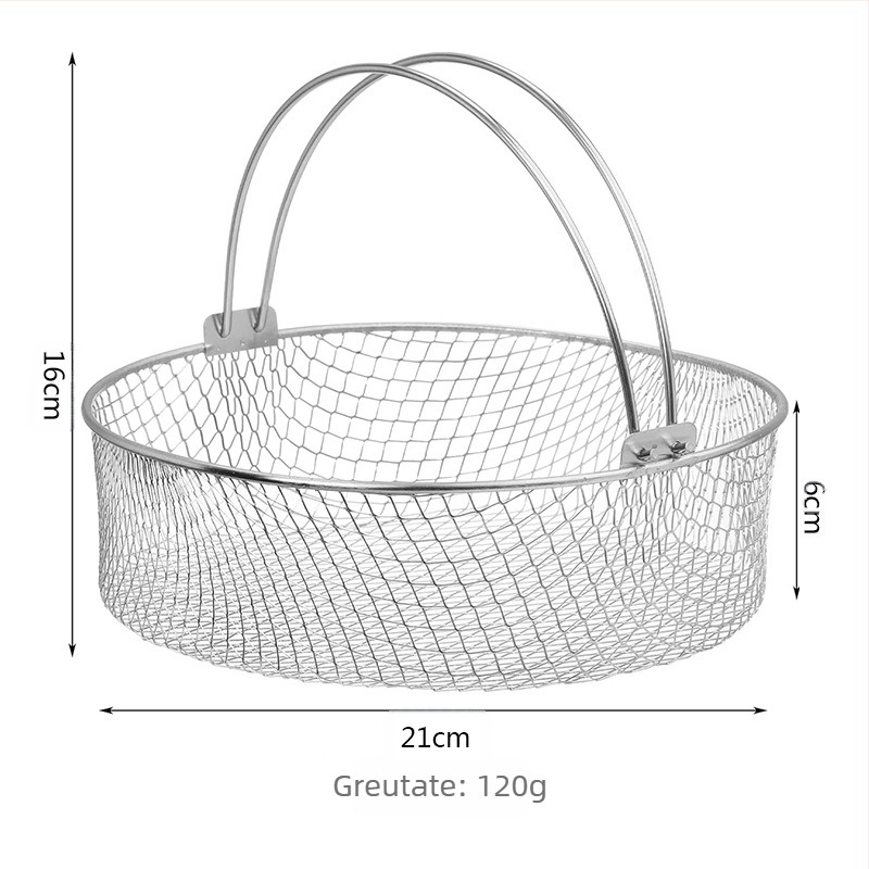 Coș pentru air fryer, din oțel inoxidabil 430, rotund, plasă din sârmă, mâner cu două urechi, suport pentru abur și deshidratare