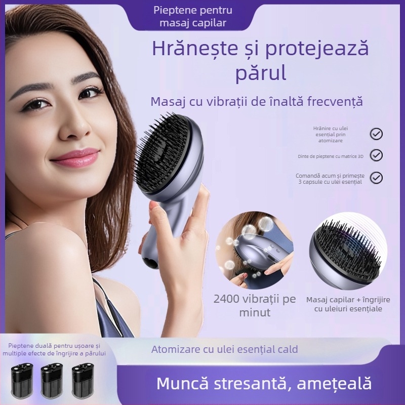 Pieptene de masaj pentru scalp, alimentat cu baterie, vibrație la a doua treaptă, control prin buton, model K9, atomizare ulei esențial pentru îngrijirea și creșterea părului