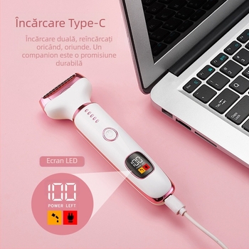 Dispozitiv electric de îndepărtare a părului pentru femei, cu ecran digital Type-C – îndepărtarea părului pentru subraț și corp, lamă din oțel fin, motor cu peri, alimentare USB