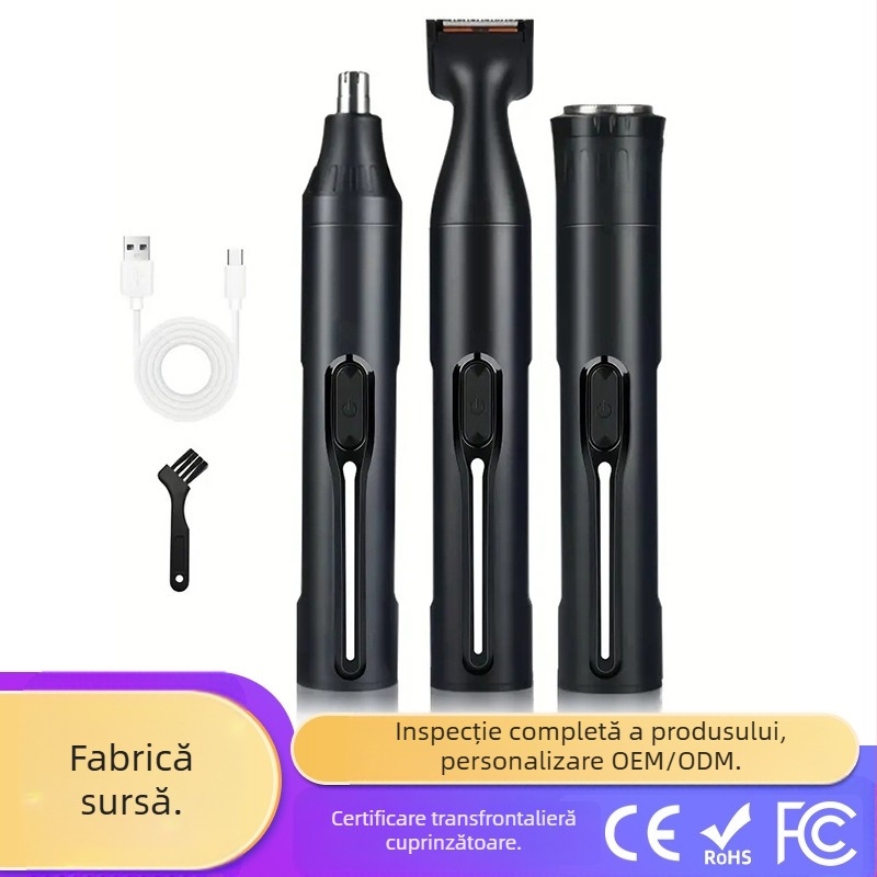 Trimer 3‑în‑1 pentru nas și față – dispozitiv electric de grooming pentru nas, ras și conturarea sprâncenelor, cu baterie reîncărcabilă și cap de tăiere detașabil și lavabil