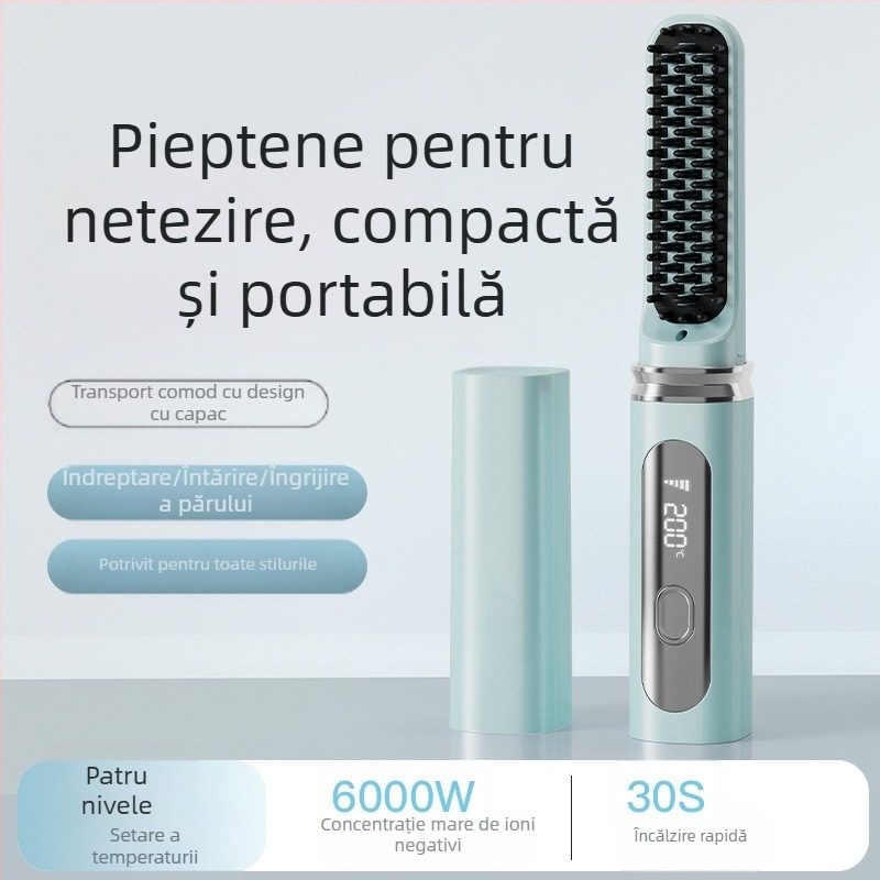 Ustensilă de îndreptare păr – fără fir, mini portabil, plăci ceramice, ioni negativi, 4 niveluri temperatură, 35W 3.7V