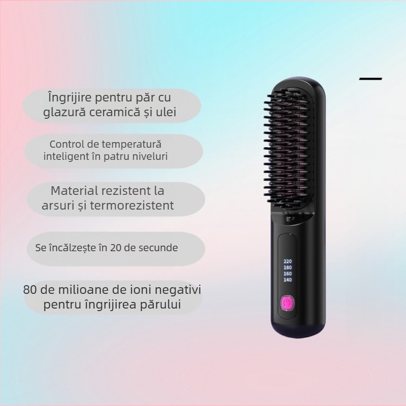 Pieptene fără fir pentru îndreptare și ondulare cu ioni negativi, încălzire ceramică, temperatură reglabilă, portabil