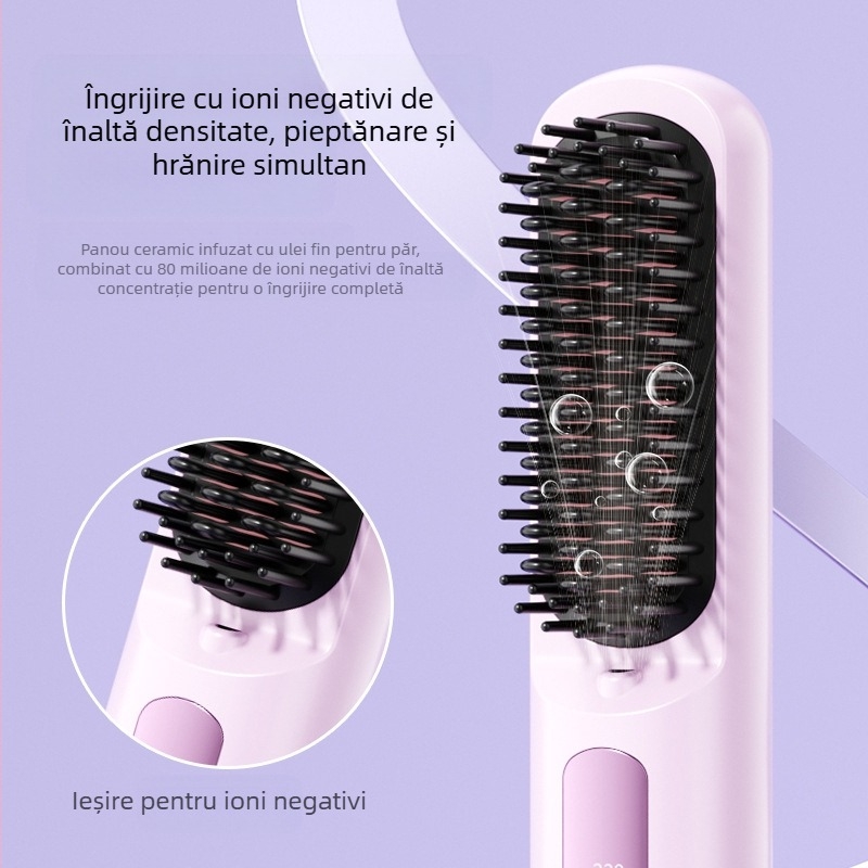 Pieptene fără fir pentru îndreptare și ondulare cu ioni negativi, încălzire ceramică, temperatură reglabilă, portabil