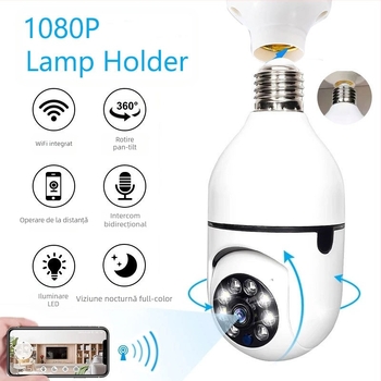 Cameră de supraveghere tip bec, wireless, interior, rotire de 360°, 720p HD, bază E27, viziune de noapte, compatibilă cu aplicație