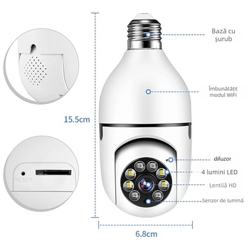 Cameră de supraveghere tip bec, wireless, interior, rotire de 360°, 720p HD, bază E27, viziune de noapte, compatibilă cu aplicație