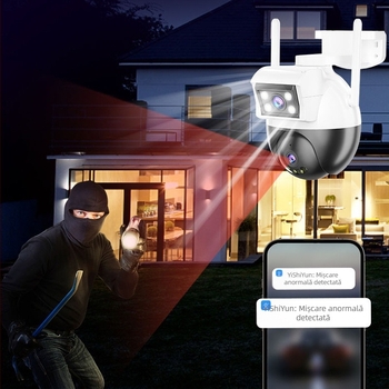 Cameră de supraveghere externă WiFi – stil ball și bullet, iluminare minimă 1 lux, SNR > 48 dB, funcționare 20–50°C, alimentare 12V 2A, pentru interior și exterior.