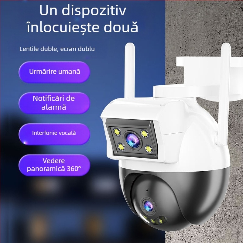 Cameră de supraveghere externă WiFi – stil ball și bullet, iluminare minimă 1 lux, SNR > 48 dB, funcționare 20–50°C, alimentare 12V 2A, pentru interior și exterior.