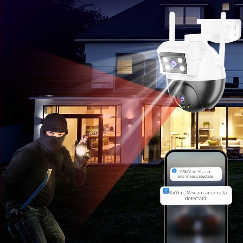 Cameră de supraveghere externă WiFi – stil ball și bullet, iluminare minimă 1 lux, SNR > 48 dB, funcționare 20–50°C, alimentare 12V 2A, pentru interior și exterior.