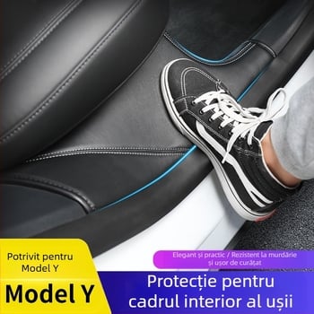 Bandă de prag din piele pentru ușa din spate Tesla Model Y, cu folie de protecție anti-lovire