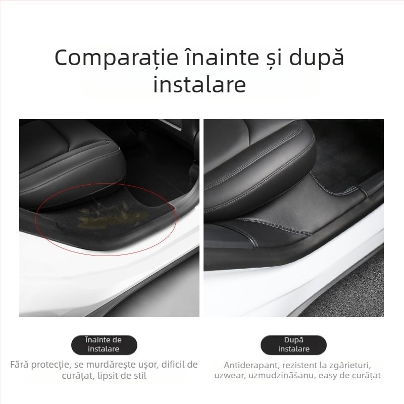 Bandă de prag din piele pentru ușa din spate Tesla Model Y, cu folie de protecție anti-lovire