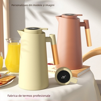 Cană vacuum pentru cafea cu mâner din lemn masiv, stil european, interior din sticlă, afișaj temperatură, logo personalizat