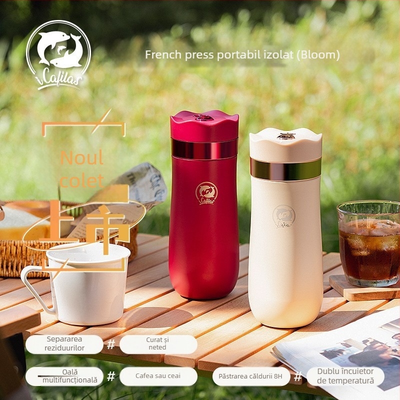 Cafetieră French press din oțel inoxidabil 304, izolație în vid, portabilă, cu logo imprimat, etichetare privată disponibilă