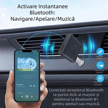 Adaptor Bluetooth pentru mașină – receptor și emițător, port AUX de 3,5 mm, Bluetooth 5.3, model B1, greutate 12 g