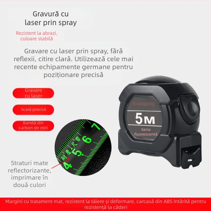 Bandă metrică impermeabilă, fluorescentă, cu tehnologie avansată, corp lărgit și gros, rezistentă la uzură