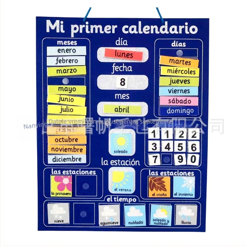 Tablă calendar de învățare din fetru, bilingvă spaniol-engleză, calendar an-lună-zi, anotimpuri și vreme, jucărie educațională interactivă pentru copii 3-6 ani