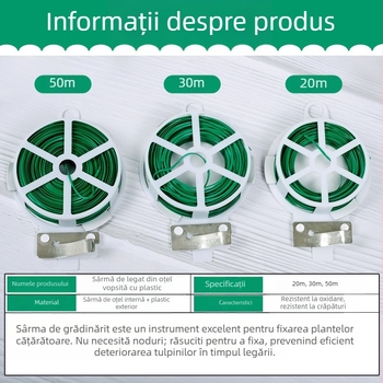 Sfoară de legat plante cu PVC acoperit, sârmă, 0,7–0,8 mm, pentru grădină, viță și plante înflorite