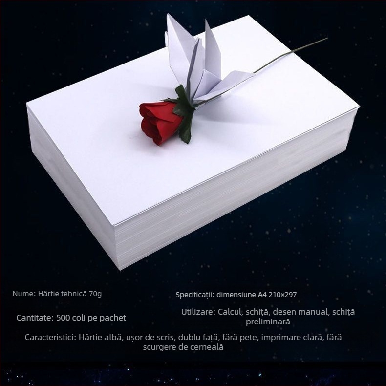 Hârtie A4 pentru imprimare, copiere și desen – 70–80 g, 100 coli, Celuloză din lemn, Procesare personalizabilă